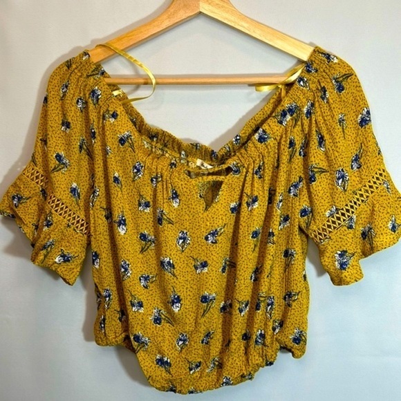 Bleuh Ciel Womens Crop Top Blouse Off The Shoulder Floral Lace Trim Sleeve Boho - Picture 8 of 11